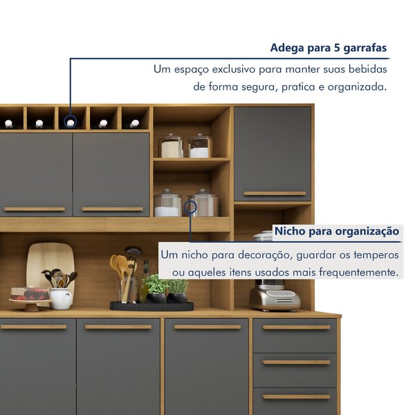 Armário De Cozinha 11 Portas 2 Gavetas Agata Cinamomo/grafite - Imagem 3