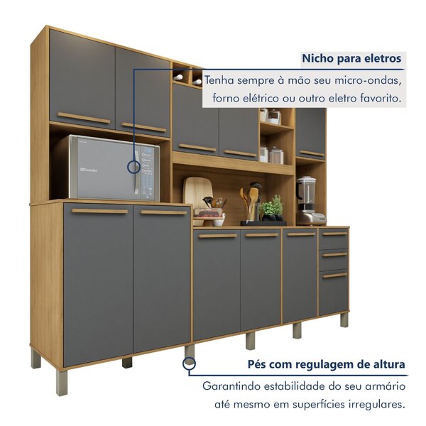 Armário De Cozinha 11 Portas 2 Gavetas Agata Cinamomo/grafite - Imagem 4
