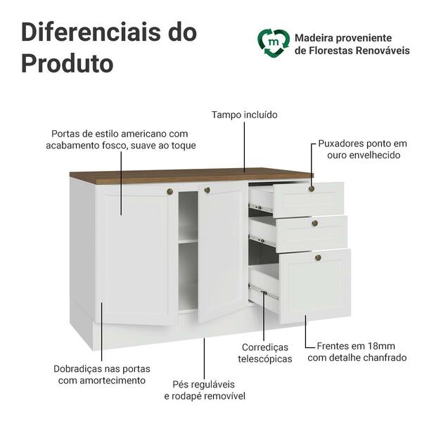 Balcão De Cozinha 120 Cm 2 Portas 3 Gavetas Branco Tampo Rustic Vik Madesa - Imagem 9