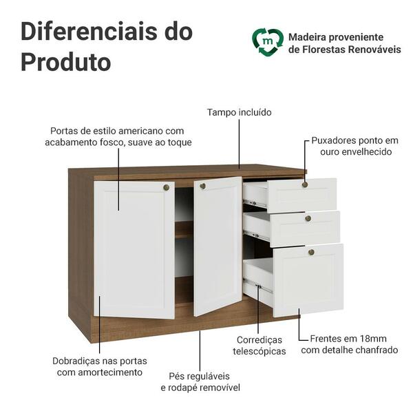 Balcão De Cozinha 120 Cm 2 Portas 3 Gavetas Rustic/branco Vik Madesa - Imagem 9