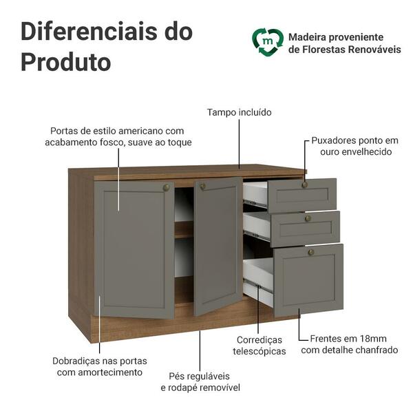 Balcão De Cozinha 120 Cm 2 Portas 3 Gavetas Rustic/cinza Vik Madesa - Imagem 9