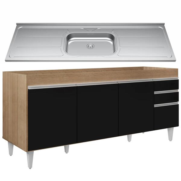 Balcão Gabinete Com Pia 180cm Dallas Castanho/preto - Lumil - Imagem 4