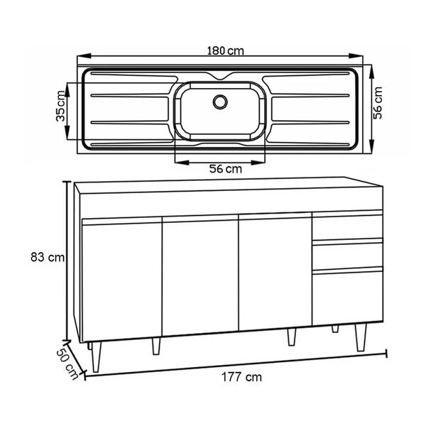 Balcão Gabinete Com Pia 180cm Dallas Preto - Lumil - Imagem 7