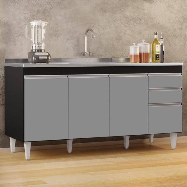 Balcão Gabinete Com Pia Inox 160cm Arkansas Preto/cinza – Lumil - Imagem 8
