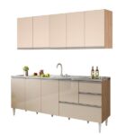 Balcão Para Pia De 2,00 Mt Maceió E Aéreo Modulado 5 Portas Amendoa Off White Puxador Aluminio - Imagem 9