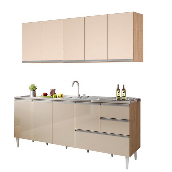 Balcão Para Pia De 2,00 Mt Maceió E Aéreo Modulado 5 Portas Amendoa Off White Puxador Aluminio - Imagem 9