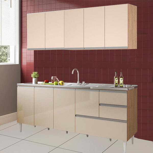 Balcão Para Pia De 2,00 Mt Maceió E Aéreo Modulado 5 Portas Amendoa Off White Puxador Aluminio - Imagem 8