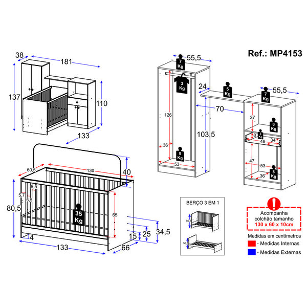 Berço 3 Em 1 Com Colchão E Guarda-roupas 4 Portas 1 Gaveta Multimóveis Mp4153 - Imagem 3