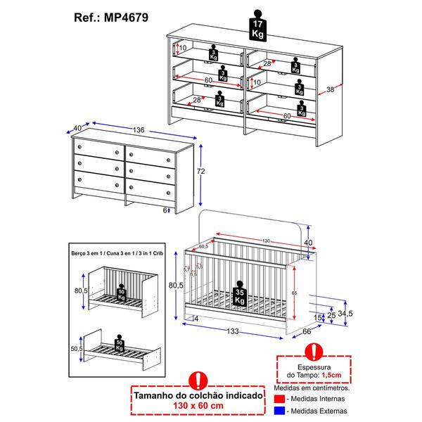 Berço 3 Em 1 Para Colchão 130 X 60cm Com Cômoda Framboesa Multimóveis Mp4679 - Imagem 10