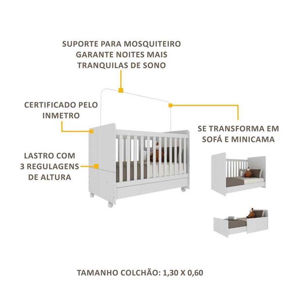 Berço Americano 3 Em 1 Com Rodízios Para Colchão 70 X 130 Cm Multimóveis Pimpolho Fg0504b Branco - Imagem 3