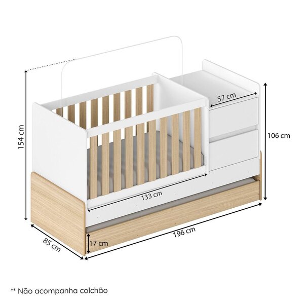Berço Cama Multifuncional Auri Com 2 Gavetas E Cama Auxiliar Casatema Madeiraoriginals Carvalho mel/branco - Imagem 5