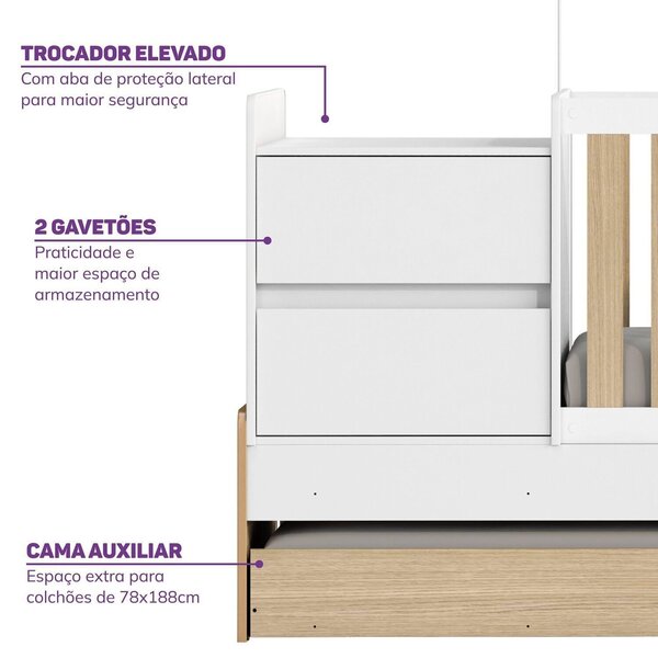 Berço Cama Multifuncional Auri Com 2 Gavetas E Cama Auxiliar Casatema Madeiraoriginals Carvalho mel/branco - Imagem 3