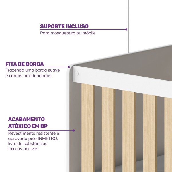 Berço Cama Multifuncional Auri Com 2 Gavetas E Cama Auxiliar Casatema Madeiraoriginals Carvalho mel/branco - Imagem 10