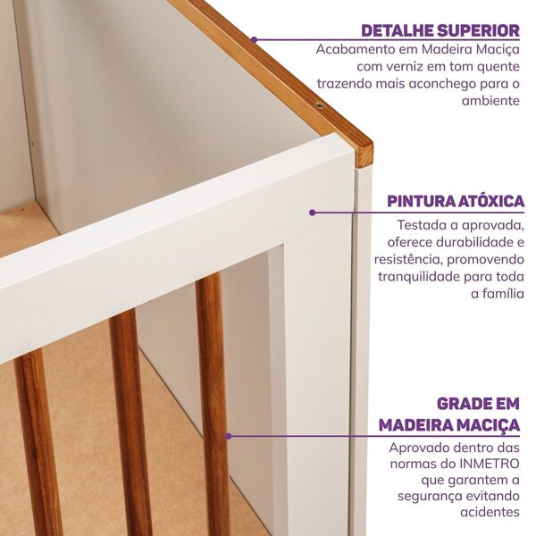 Berço Evolutivo 2 Em 1 Com Grades Palito Em Madeira Maciça Baby Ananda Casatema Madeiraoriginals Offwhite/mel - Imagem 3