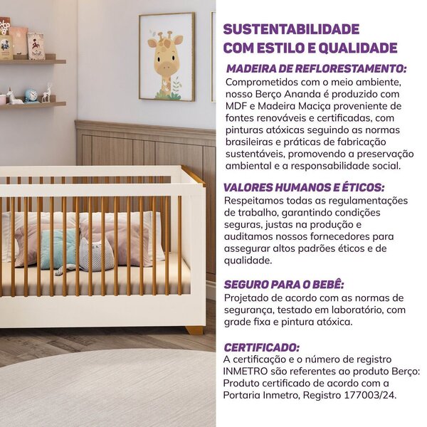 Berço Evolutivo 2 Em 1 Com Grades Palito Em Madeira Maciça Baby Ananda Casatema Madeiraoriginals Offwhite/mel - Imagem 7