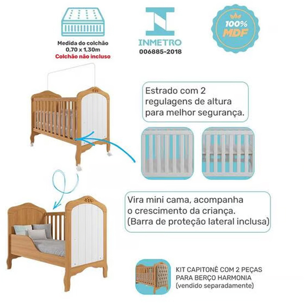 Berço Mini Cama 100% Mdf Harmonia Permobili Nature/branco - Imagem 5