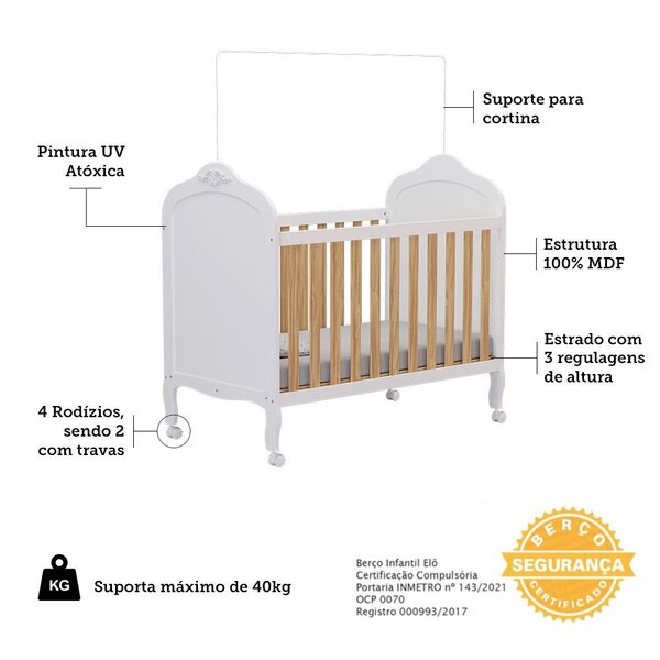 Berço Mini Cama 3 Em 1 100% Mdf Maya Espresso Móveis Branco Brilho/amêndoa - Imagem 7