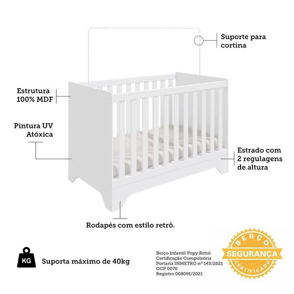 Berço Mini Cama 3 Em 1 Americano 100% Mdf Liam Retrô Espresso Móveis Branco - Imagem 9