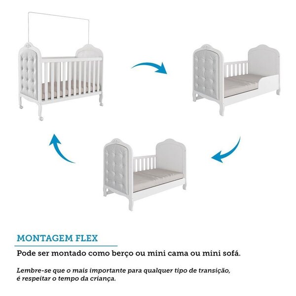 Berço Minicama 3 Em 1 Com Capitonê 100% Mdf Maya Espresso Móveis Branco Brilho/corino Branco - Imagem 6