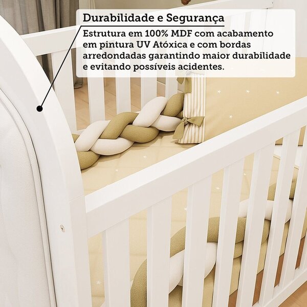 Berço Minicama 3 Em 1 Com Capitonê 100% Mdf Maya Espresso Móveis Branco Brilho/corino Branco - Imagem 7