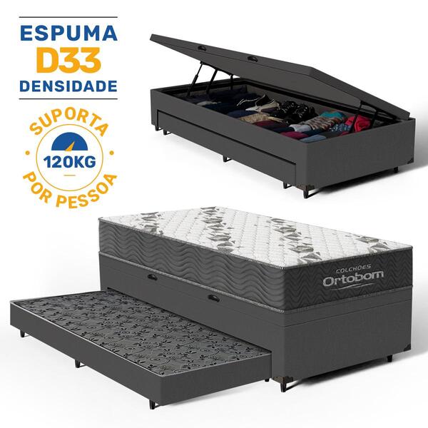 Cama Box Baú + Colchão Ortobom De Espuma D33 Airtech 100 + Auxiliar Unique Solteiro 88 cm - Imagem 5