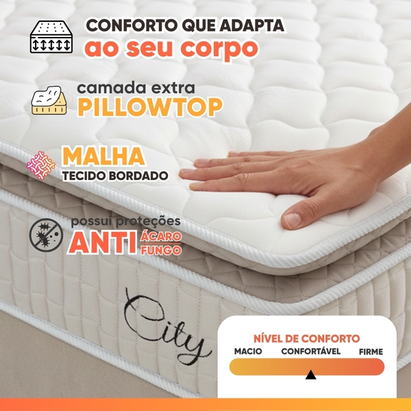 Cama Box Colchão Casal Molas Ensacadas City Pillow Top 138x188x61cm Branco / Bege Hellen - Suporta Até 110kg Por Pessoa - Imagem 3