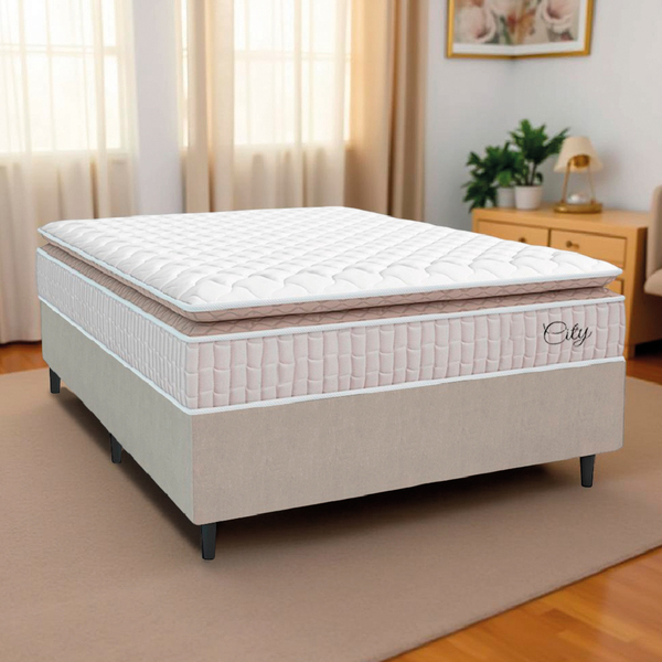 Cama Box Colchão Casal Molas Ensacadas City Pillow Top 138x188x61cm Branco / Bege Hellen - Suporta Até 110kg Por Pessoa - Imagem 5