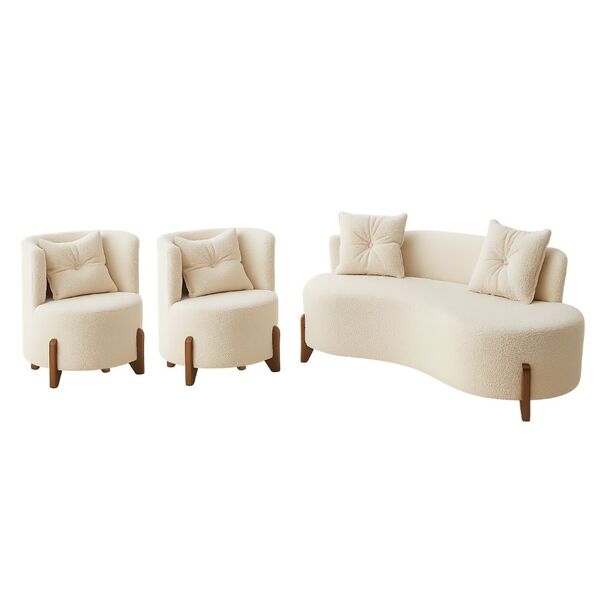 Conjunto 2 Poltronas + Sofá Curvo Orgânico Luna Boucle Off White Pés De Madeira - Montanaris Decor - Imagem 5
