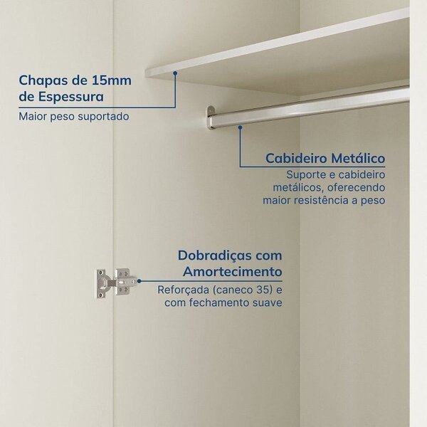 Conjunto Cama Casal, Guarda-roupa 6 Portas 2 Mesas De Cabeceira Ananda Cabecasa Madeiraoriginals Off White/mel - Imagem 3