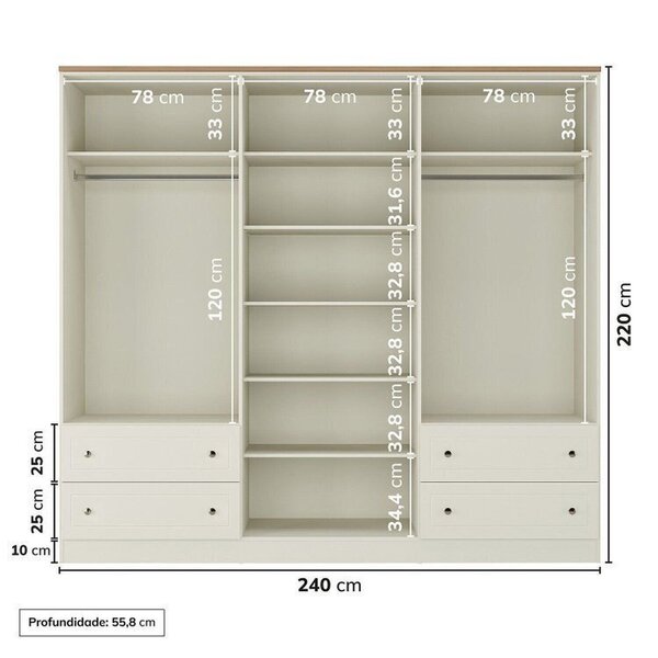 Conjunto Cama Casal, Guarda-roupa 6 Portas 2 Mesas De Cabeceira Ananda Cabecasa Madeiraoriginals Off White/mel - Imagem 9