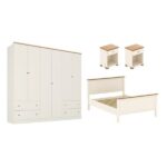 Conjunto Cama Casal, Guarda-roupa 6 Portas 2 Mesas De Cabeceira Ananda Cabecasa Madeiraoriginals Off White/mel - Imagem 5