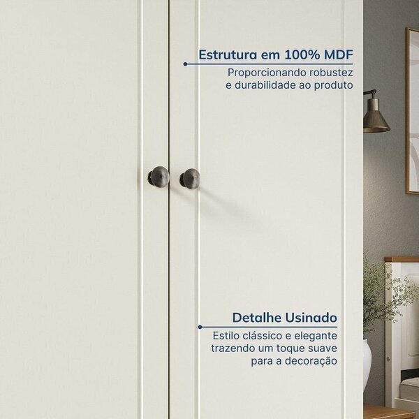 Conjunto Cama Casal, Guarda-roupa 6 Portas 2 Mesas De Cabeceira Ananda Cabecasa Madeiraoriginals Off White/mel - Imagem 4