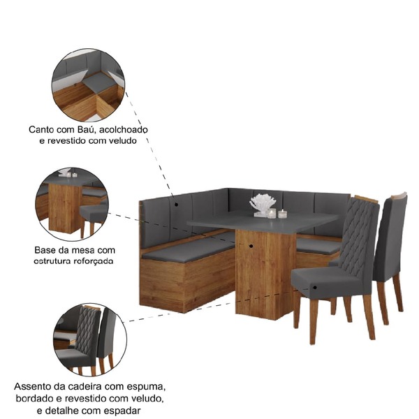 Conjunto Sala De Jantar Canto Alemão Com Baú Liebe Com Mesa Lord E 2 Cadeiras Bele Veludo Viero - Imagem 3