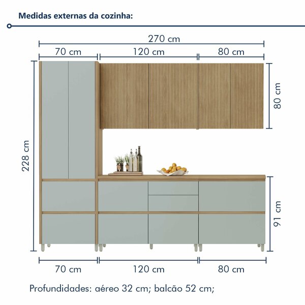 Cozinha 5 Peças 8 Portas 7 Gavetas Ripado Rainha 100% Mdf Nature/verde - Imagem 9