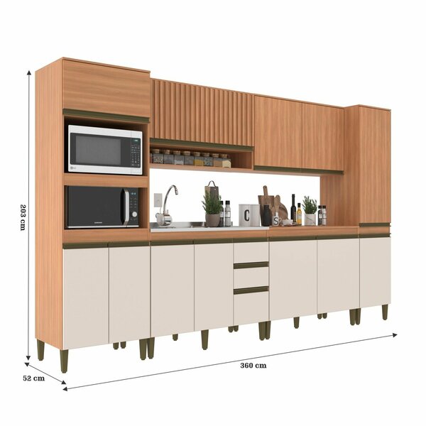 Cozinha Completa 6 Peças 12 Portas Com Torre Quente Paneleiro E Aéreo Ripado Cecília Freijó/off White - Imagem 3