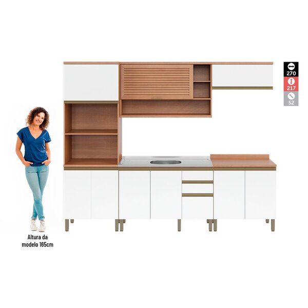 Cozinha Completa 9 Portas 3 Gavetas Torre Quente E Balcão Para Pia Macadâmia Freijó/branco - Imagem 8