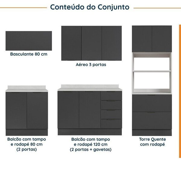 Cozinha Modulada 5 Peças Com Tampo Com Rodapé Ipanema Cabecasa Madeiraoriginals Grafite Trama - Imagem 9