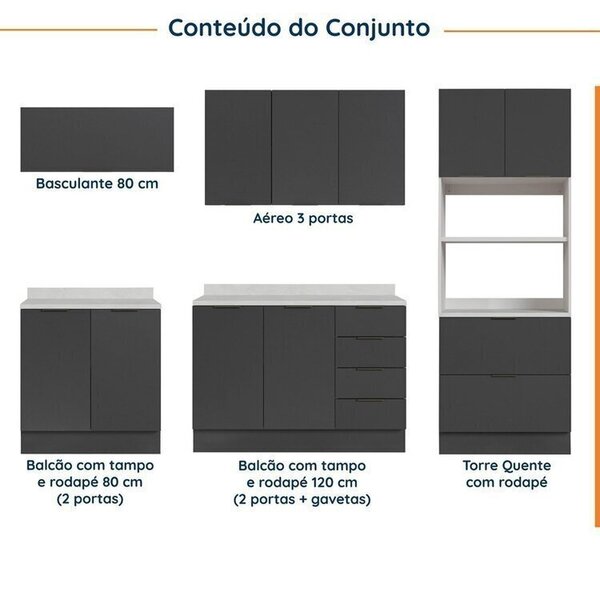 Cozinha Modulada 5 Peças Com Tampo Com Rodapé Ipanema Cabecasa Madeiraoriginals Grafite Trama - Imagem 8