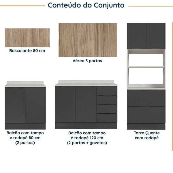 Cozinha Modulada 5 Peças Com Tampo Com Rodapé Ipanema Cabecasa Madeiraoriginals Grafite Trama/ Acácia - Imagem 9