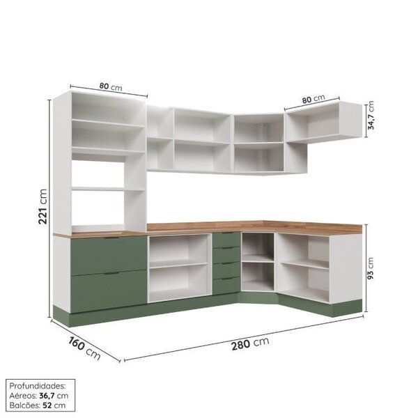 Cozinha Modulada 7 Peças 1 Tampo 3 Aéreos 3 Balcões E Torre Quente Ipanema Cabecasa Madeiraoriginals Verde/amadeirado - Imagem 8