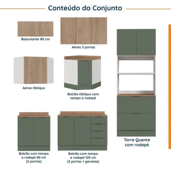 Cozinha Modulada 7 Peças 1 Tampo 3 Aéreos 3 Balcões E Torre Quente Ipanema Cabecasa Madeiraoriginals Verde/amadeirado - Imagem 9