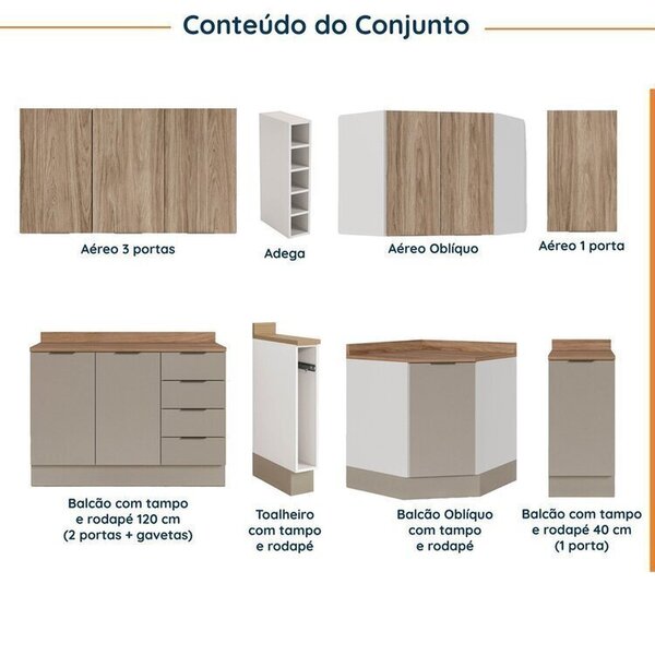 Cozinha Modulada 8 Peças Com Tampo Com Rodapé 4 Aéreos E 4 Balcões Ipanema Cabecasa Madeiraoriginals Fendi Trama/ - Imagem 9