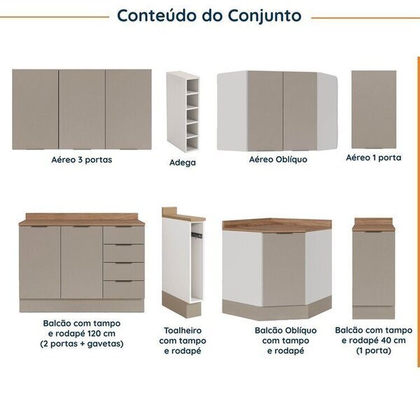 Cozinha Modulada 8 Peças Com Tampo Com Rodapé 4 Aéreos E 4 Balcões Ipanema Cabecasa Madeiraoriginals Fendi Trama - Imagem 9