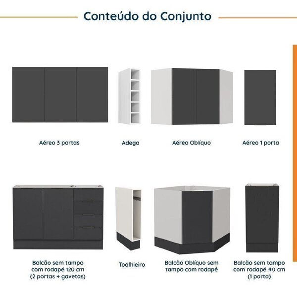 Cozinha Modulada 8 Peças Sem Tampo Com Rodapé 4 Aéreos E 4 Balcões Ipanema Cabecasa Madeiraoriginals Grafite Trama - Imagem 9