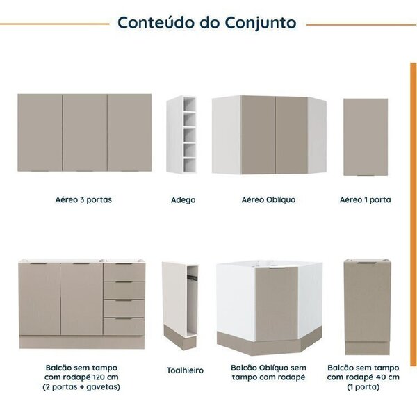 Cozinha Modulada 8 Peças Sem Tampo Com Rodapé 4 Aéreos E 4 Balcões Ipanema Cabecasa Madeiraoriginals Fendi Trama - Imagem 9