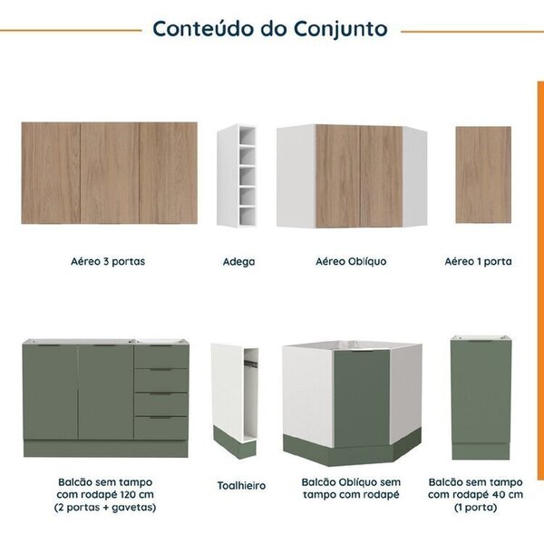 Cozinha Modulada 8 Peças Sem Tampo Com Rodapé 4 Aéreos E 4 Balcões Ipanema Cabecasa Madeiraoriginals Verde - Imagem 9