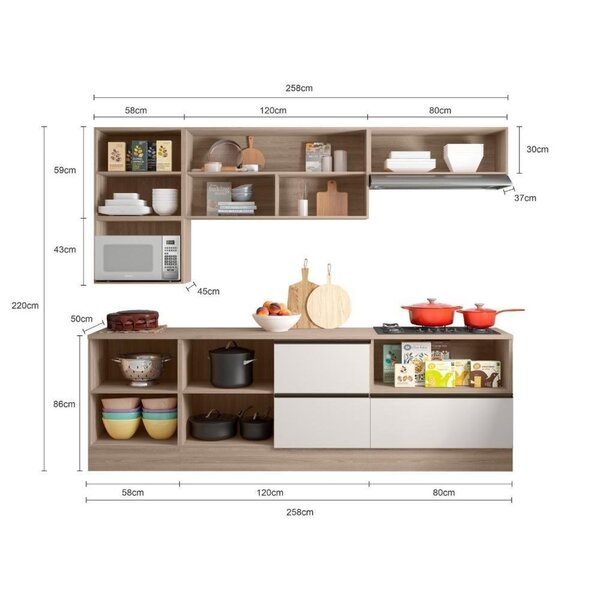 Cozinha Modulada Completa 7 Portas 4 Gavetas Com Balcão Para Cooktop Etna Carvalho Oak/off White - Imagem 6