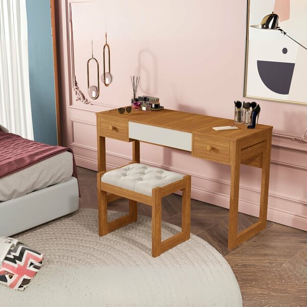 Escrivaninha Penteadeira Com Espelho E Banqueta Luanda Fenix Nature/off White - Imagem 4