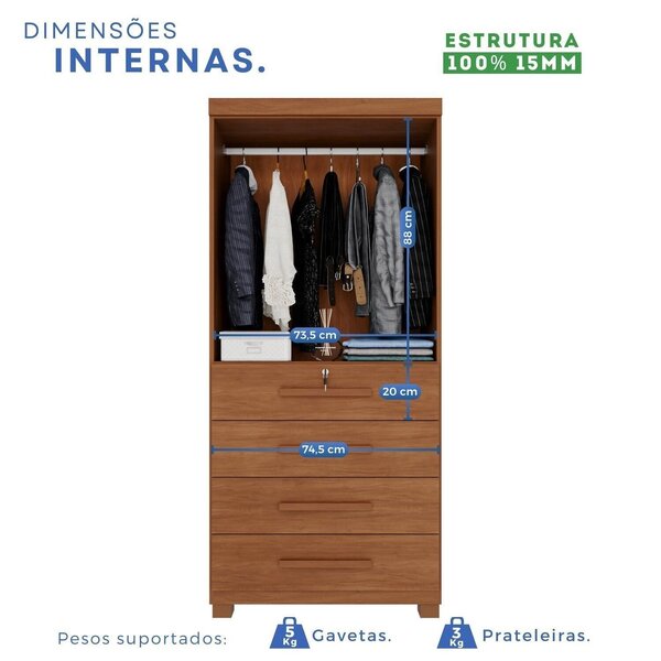 Guarda-roupa 2 Portas 4 Gavetas Ilhéus Espresso Móveis Cinamomo - Imagem 6