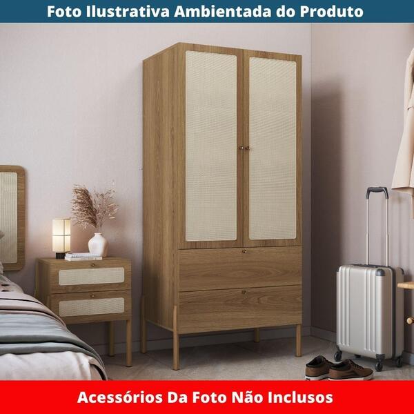Guarda Roupa 2 Portas Oslo Artesano 80 Cm (larg) Mdp Hanover Palha Sintética Bege Pé Madeira Maciça - Imagem 6